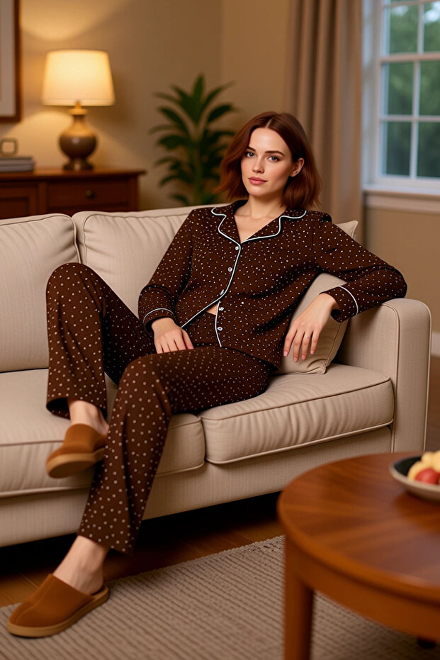 Women's Heart Patterned Muslin Pajama Set Shirt Collar Long Sleeve Functional Durable Comfortable