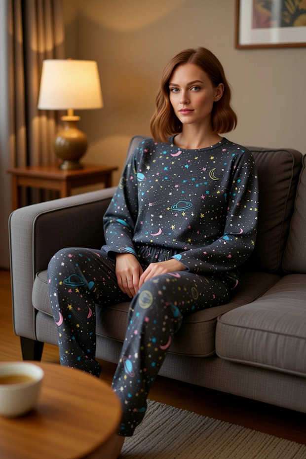 Women's Galaxy Printed Pajama Set Long Sleeve Crew Neck Functional Durable Aesthetic