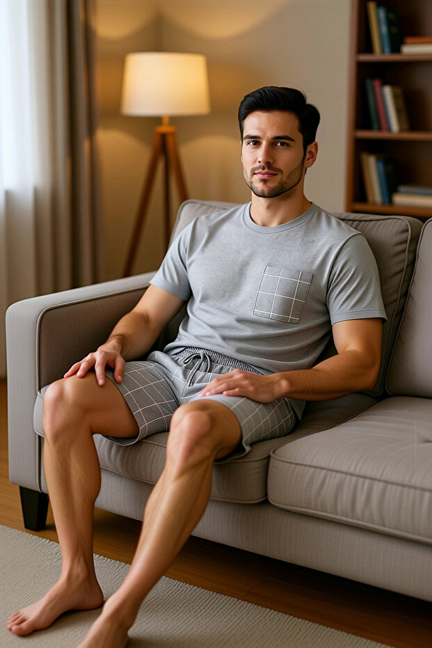 Men's Grimelange Plaid Knitted Pajama Set Crew Neck Short Sleeve Functional Durable Stylish