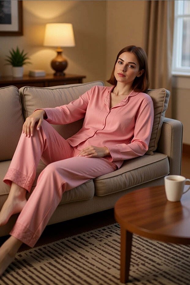 Women's Dusty Rose Lace Detailed Shirt Pants Pajama Set Functional Durable Modern