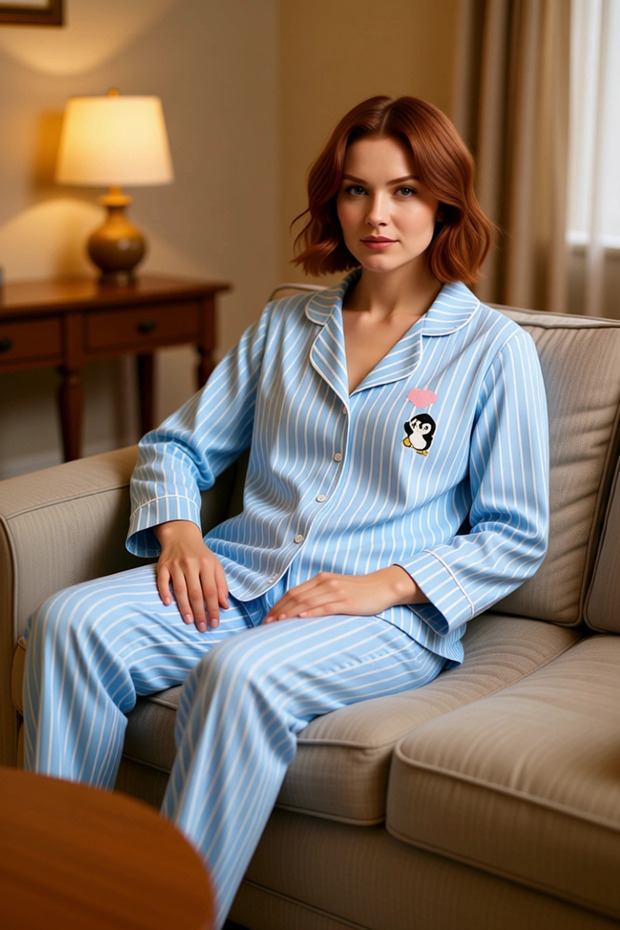 Women's Light Striped Penguin Detailed Pajama Set Functional Durable Quality Comfortable Stylish