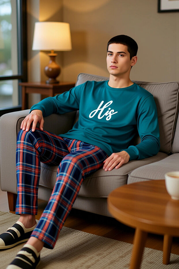 Men's Anthracite Crew Neck Plaid Patterned Pajama Set Functional Durable Quality Stylish