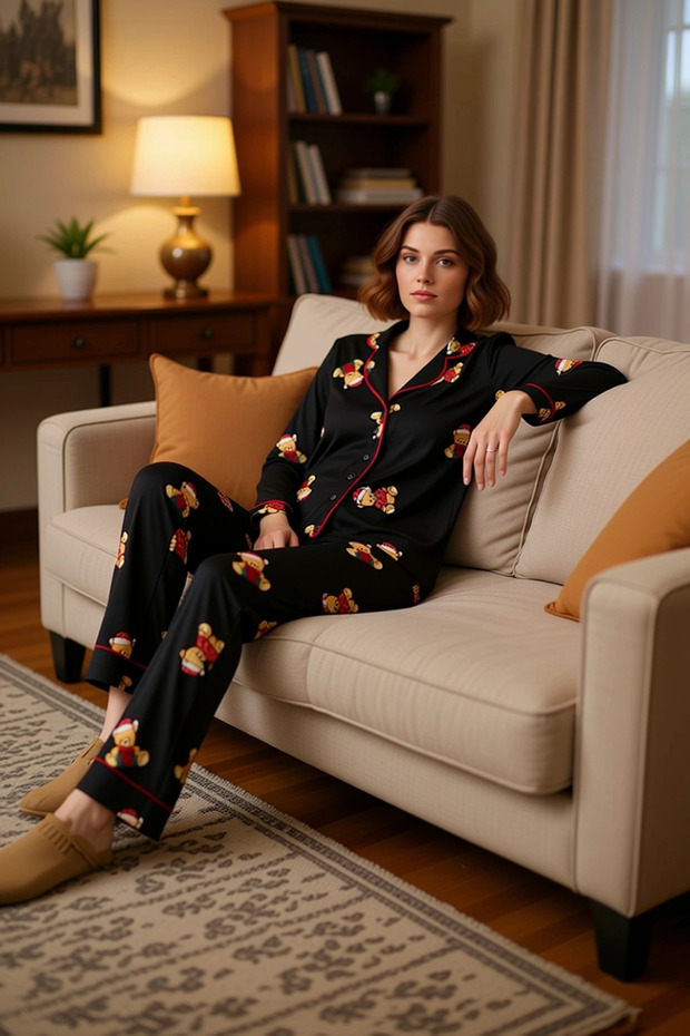Women's Teddy Bear Pajama Set Shirt Collar Long Sleeve Functional Durable Quality Aesthetic