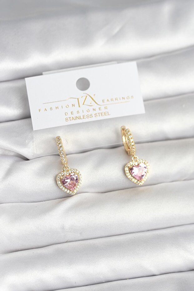 Brass Gold Pink Color Zircon Stone Heart Model Women's Earrings -