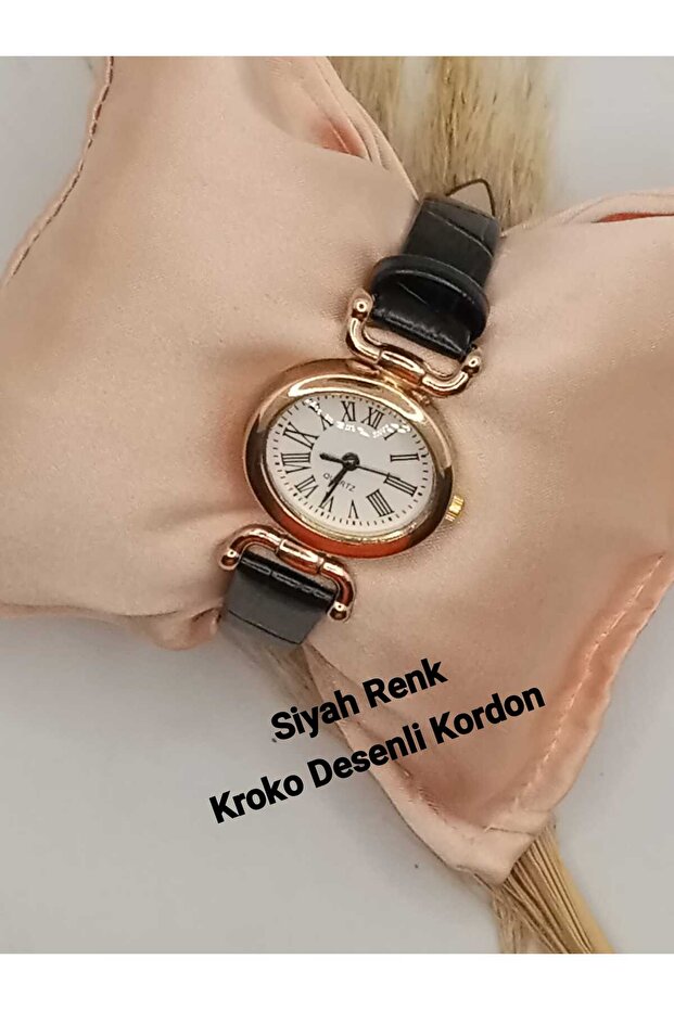 Vintage Retro Model Gold Case New Season Black Crocodile Patterned Strap Women's Wristwatch