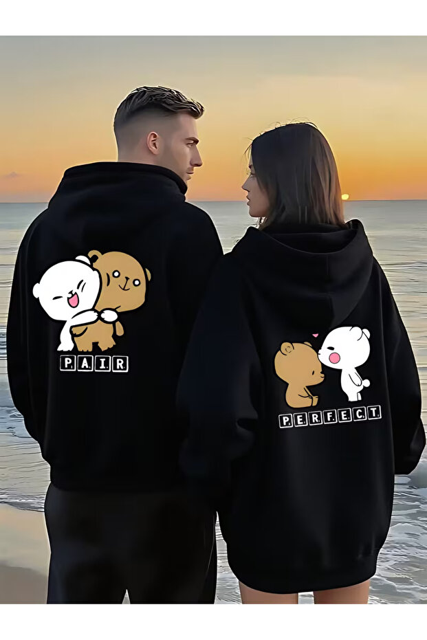 Sevgili Kombin Hoodie Couple Sweatshirt - Special for Couples with Teddy Bear Print Pair Perfect Black