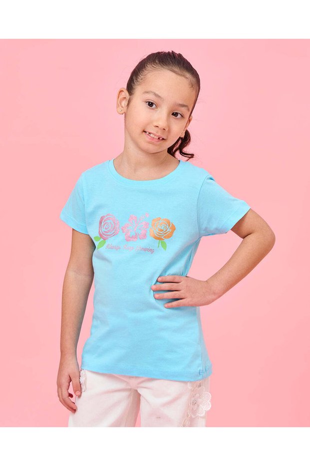 Girls Blue Floral Print T-Shirt