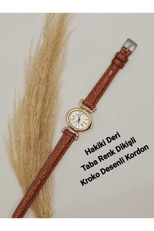 New Model Genuine Leather Women's Wristwatch Stylish Model Tan Color Croco Pattern Strap