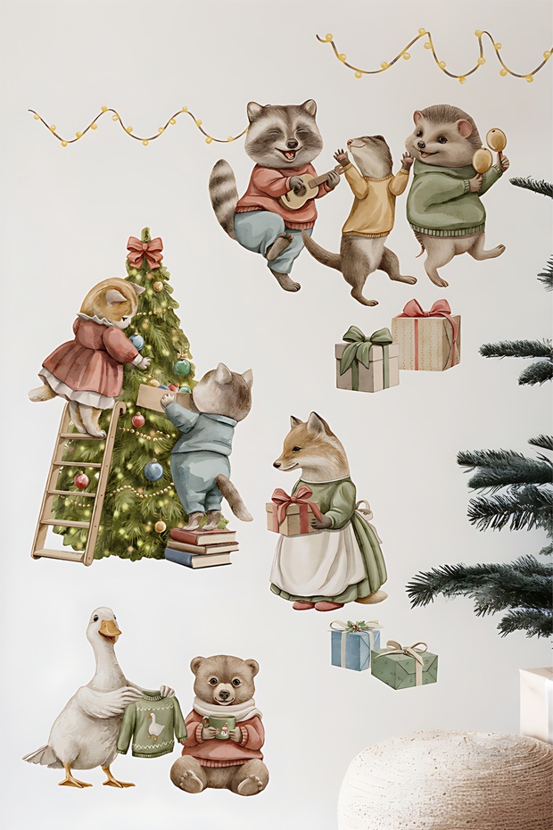 New Year Tree and Animals Glass Wall Sticker Set - Christmas Ornament Decor Set