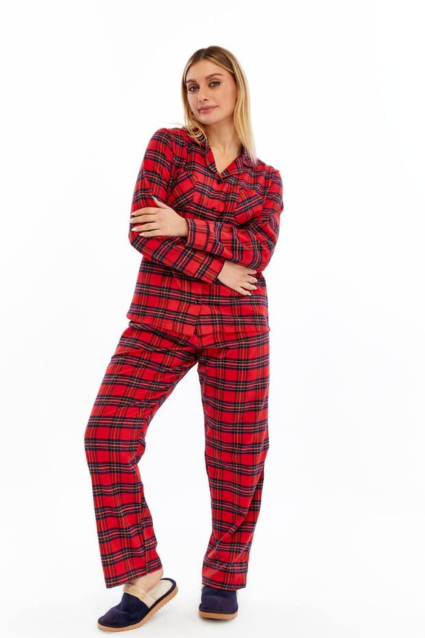 KIRMIZI EKOSE KARELİ PAMUKLU ÖNDEN DÜĞMELİ KADIN PİJAMA TAKIMI - 5