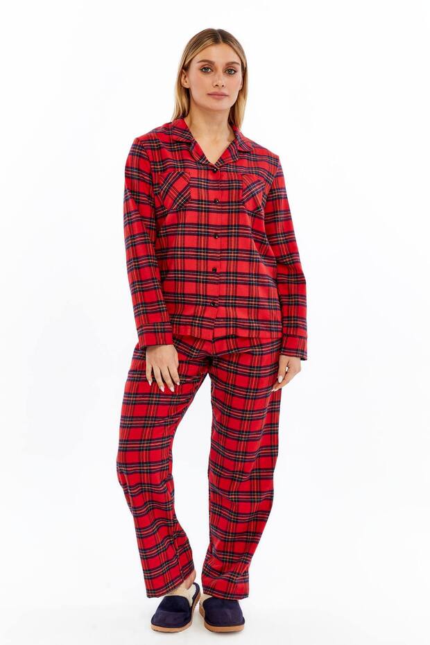 KIRMIZI EKOSE KARELİ PAMUKLU ÖNDEN DÜĞMELİ KADIN PİJAMA TAKIMI - 3