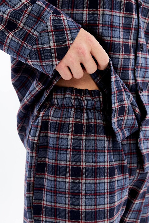 KARELİ EKOSE PAMUKLU CEKET YAKA ÖNDEN DOĞMELİ ERKEK PİJAMA TAKIMI - 6