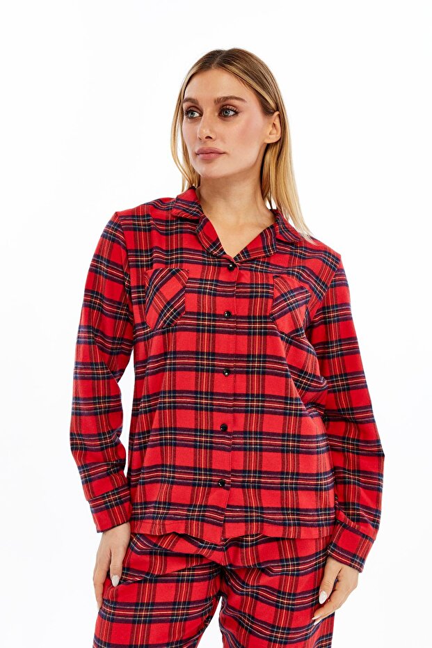 KIRMIZI EKOSE KARELİ PAMUKLU ÖNDEN DÜĞMELİ KADIN PİJAMA TAKIMI - 7
