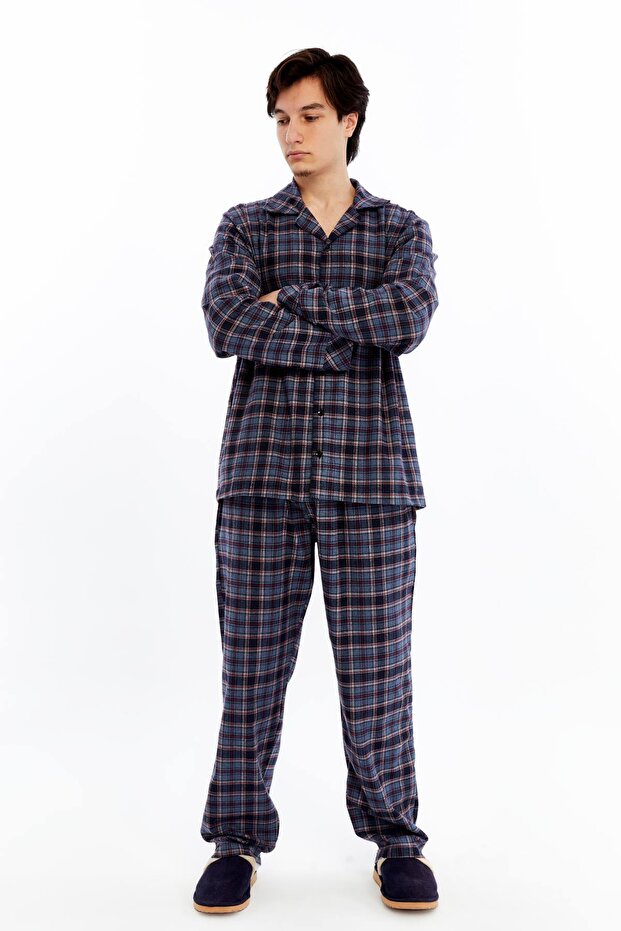 KARELİ EKOSE PAMUKLU CEKET YAKA ÖNDEN DOĞMELİ ERKEK PİJAMA TAKIMI - 7