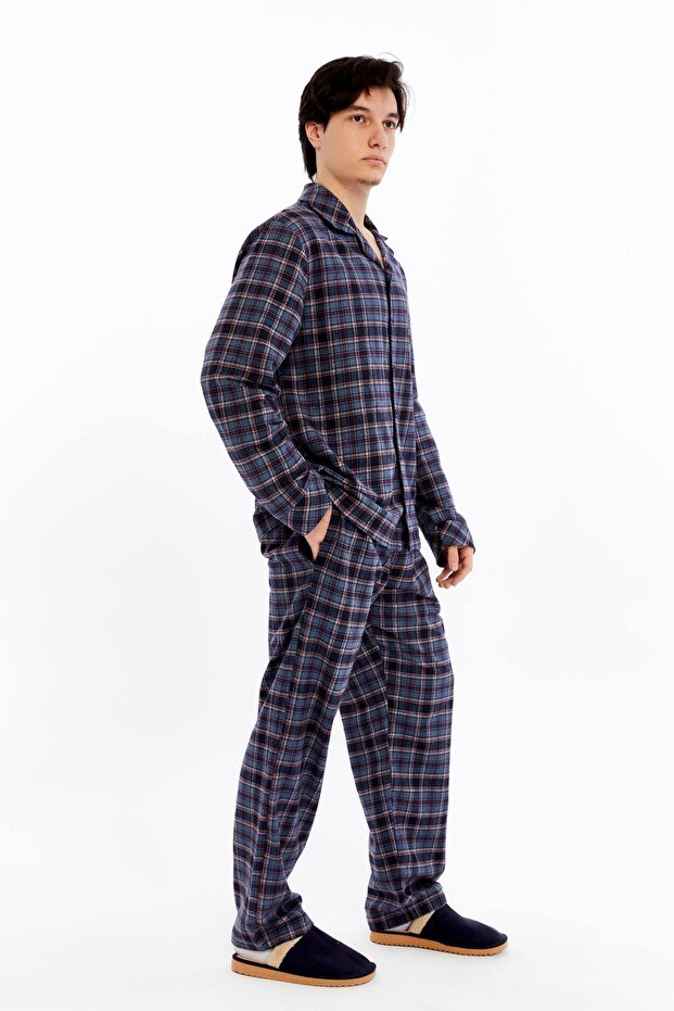 KARELİ EKOSE PAMUKLU CEKET YAKA ÖNDEN DOĞMELİ ERKEK PİJAMA TAKIMI - 8