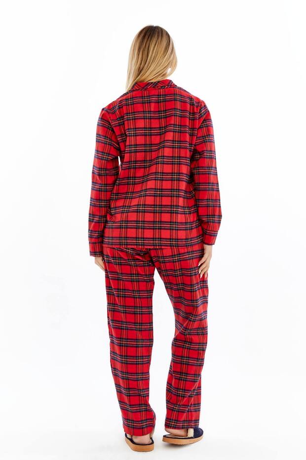 KIRMIZI EKOSE KARELİ PAMUKLU ÖNDEN DÜĞMELİ KADIN PİJAMA TAKIMI - 6