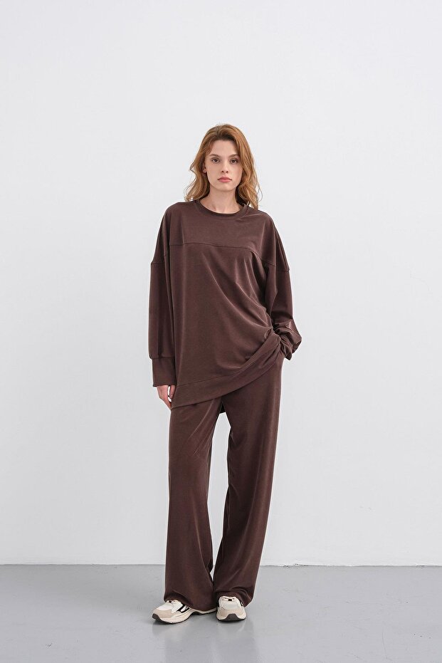 Brown Women's Tncl Mixed Soft Textured Ribbed Wide Leg Basic Top and Bottom Set