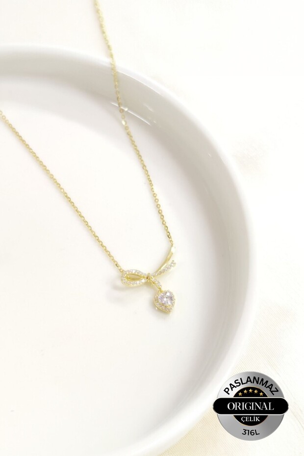 316L Steel Zircon Stone Knot Dangle White Heart Figure Women's Necklace