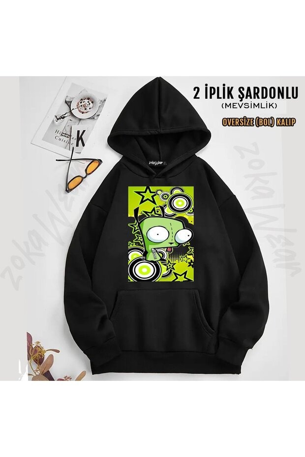 سترة Invader Zim v1 مطبوع بغطاء رأس (خيطين)