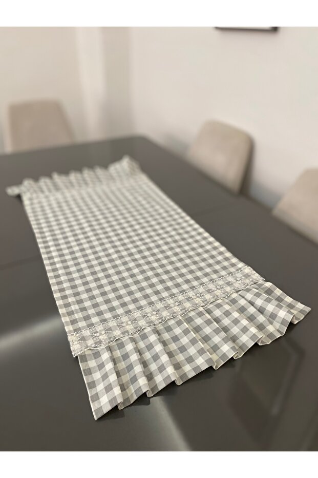 Gray Gingham Lace Detailed Ruffled Runner 40X90 cm