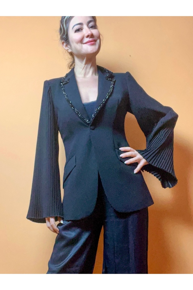Black Blazer Jacket with Hand-Embroidered Bead Detail and Plied Sleeves