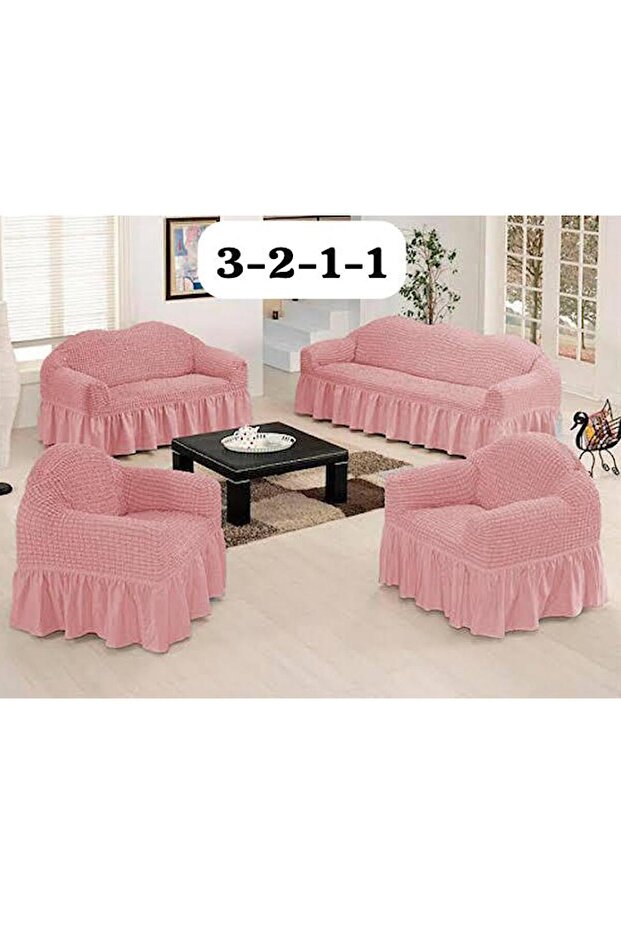 Bürümcük (3-2-1-1) Sofa Slipcover Set with Skirt (Powder Rank)