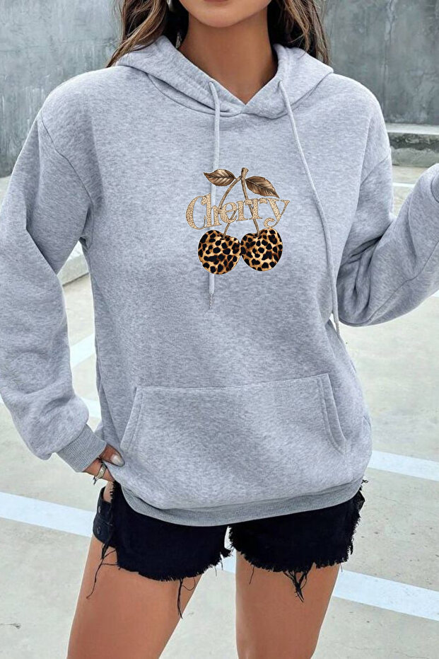 Women's Winter Cotton Leopard Cherry Printed Hooded Kangaroo Pocket Regular Sweatshirt