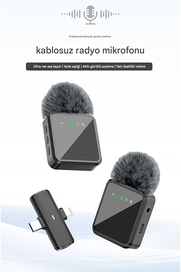 Kablosuz Tüylü Yaka Mikrofonu iPhone Type-C PC Tablet Video Kayıt Vlog Lightning USB-C Çıkış - 5
