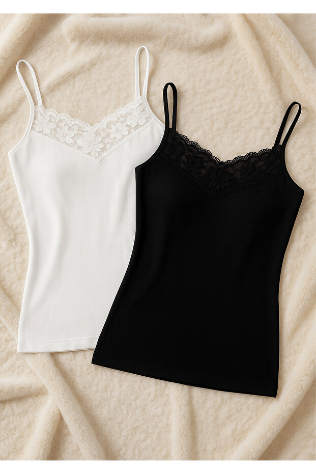 2-Pack Lace Detailed String Strap Tank Top - Soft Textured Clothing Made from Cotton and Modal Blend