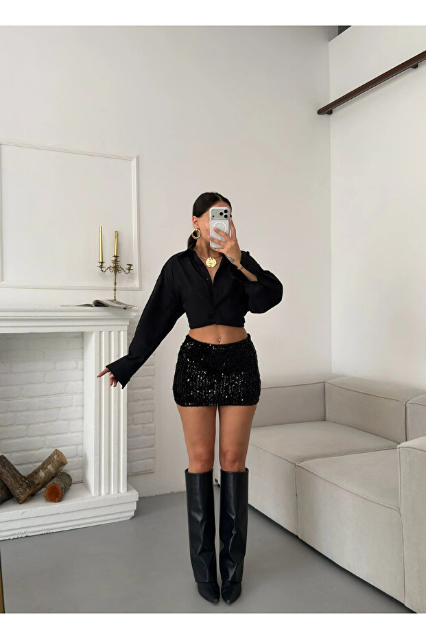 Payetli Şort Etek - SİYAH - 3