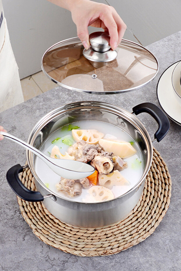 24CM Stainless Steel Cookware Set Glass Lid Multi-purpose Double Handle Design Pot