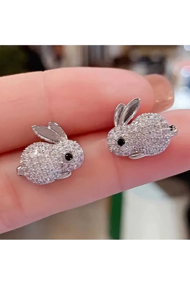 Rabbit Model Stylish Style Nature and Animal Themed Zircon Stone Steel Nail Screw Earrings
