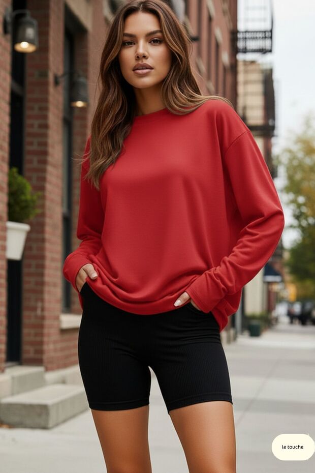 Women's Red Relax Fit Comfortable Cut 100% Cotton Long Sleeve Crew Neck Basic T-Shirt