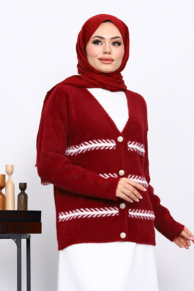 Burgundy V-Neck Angora Soft Cardigan