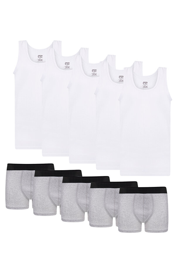 5-Pack of Cotton White Undershirts, 5-Pack of Gray Boxer Shorts