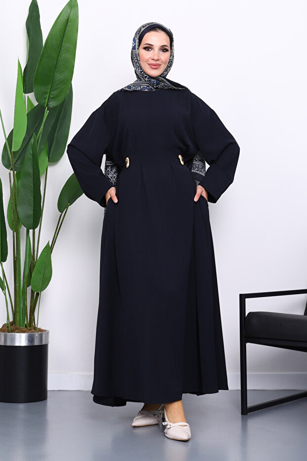 Navy Blue Pleated Dress with Tie at the Waist