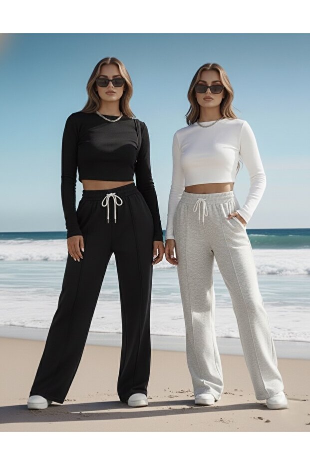 2 Pieces Black and Gray Wide-Leg Trackpants with Front Patches, Comfortable for Daily Wear