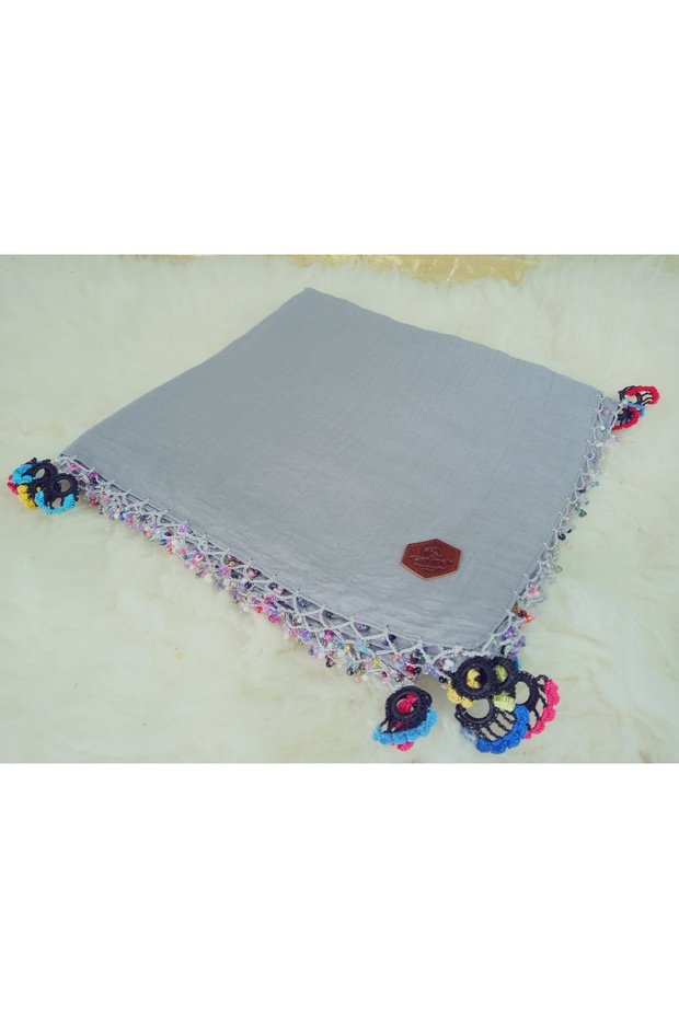 100% Cotton Ezgi Scarf with Floral Pattern Motifs and Beaded Crochet Writing, Kerchief, Mevlit Shawl
