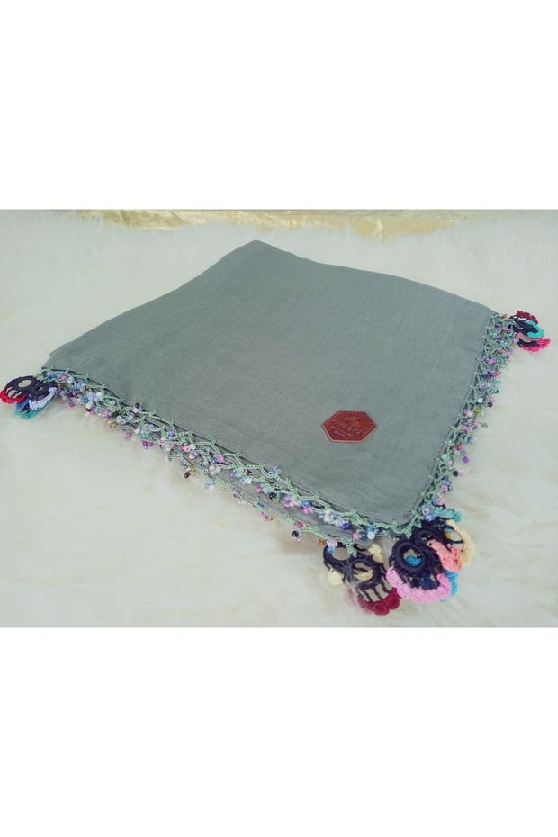 100% Cotton Ezgi Scarf with Floral Pattern Motifs and Beaded Crochet Writing, Kerchief, Mevlit Shawl