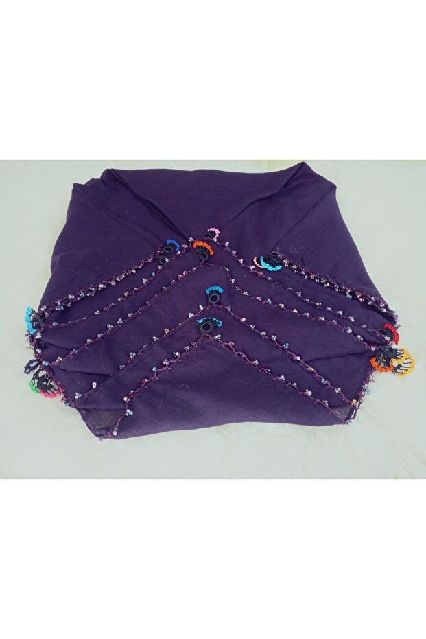 100% Cotton Ezgi Scarf with Floral Pattern Motifs and Beaded Crochet Writing, Kerchief, Mevlit Shawl