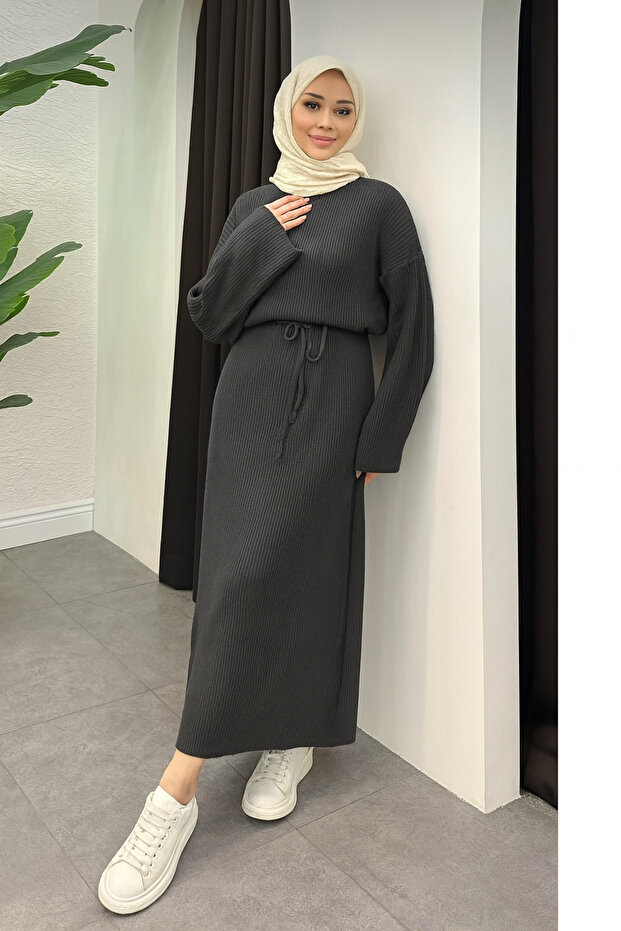 Bağlamalı Oversize Triko Elbise Geniş Kol - 2