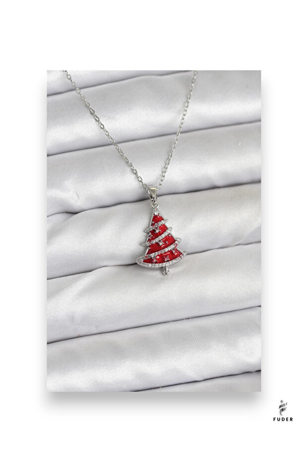 316L Steel Chain Silver Color Red Pine Tree Model Christmas Themed Women's Necklace