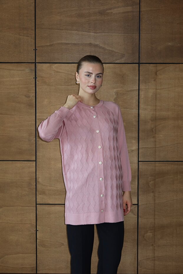 25023 Women's Premium Knitwear Baklava Patterned Cardigan Pink