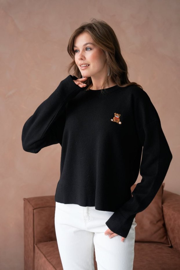 Oversized Teddy Bear Basic Crew Neck Soft Textured Knit Sweater Aw25Kz0105