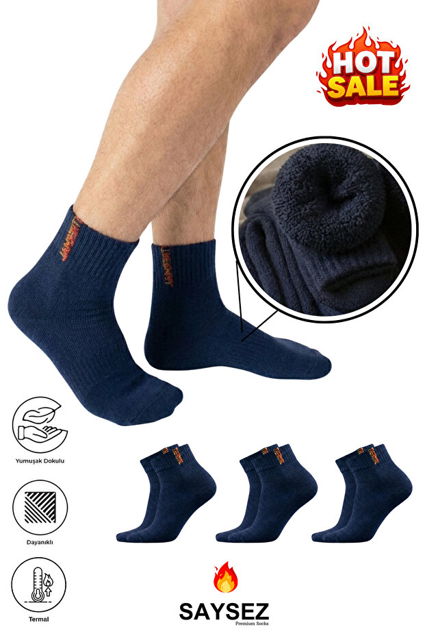 3 Pairs Thermal Men's Winter Booties Half Socks Towel Thick Socks Stitch-Free Navy Blue Color Premium Cotton