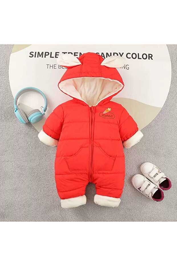 Girls Boys Baby Rabbit Eared Winter Thick Cute Lining Puffer Jumpsuit Coat