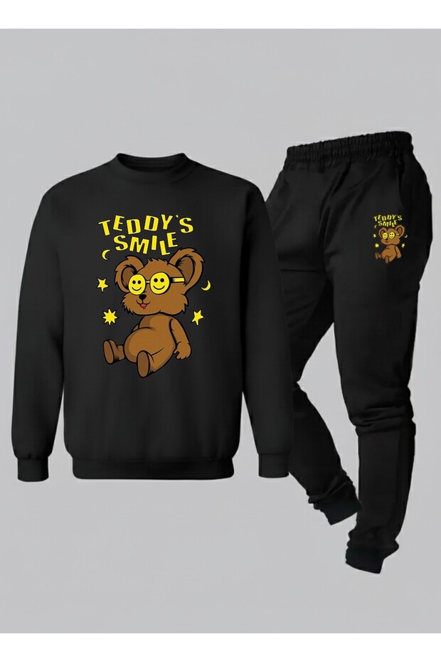 طقم أطفال (سويت شيرت - بنطلون رياضي) برقبة دائرية TEDDY مطبوع 3 Thread Shardonlu