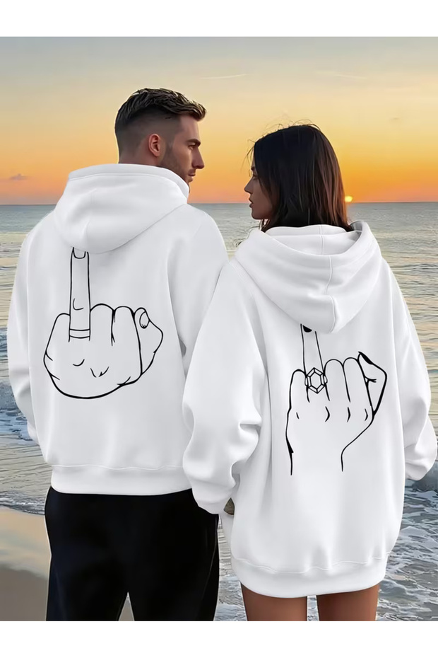 Oversize Hoodie with Hand Drawn Graphic Print - Unisex Hooded Sweatshirt Streetwear Set of 2 White