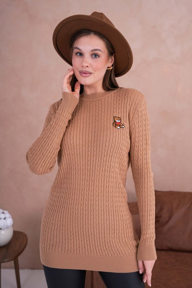 Midi Length Knitted Sweater with Teddy Bear Detail Aw25Kz0106