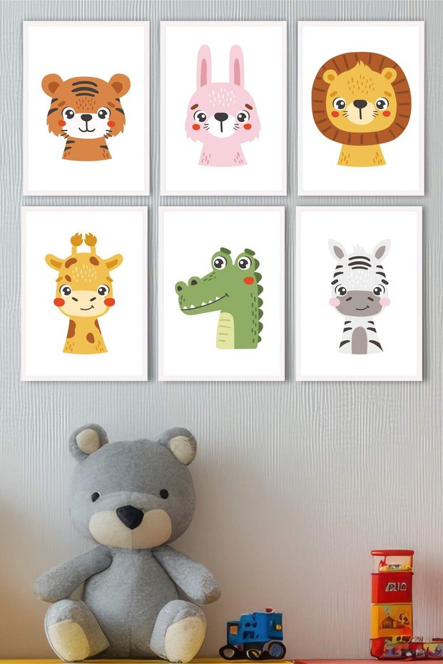 6-Piece Cute Animals Children's Room Painting Set | Frameless, Pastel Tones, Baby & Kids Decor